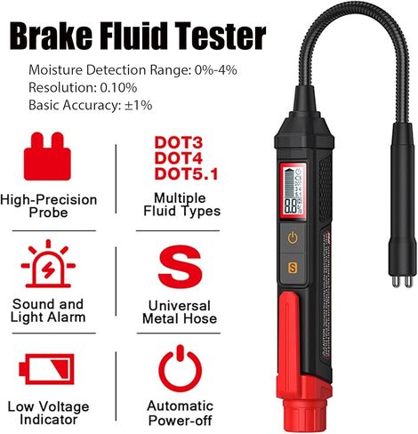 RQG Brake Fluid Tester, High Precision Brake Fluid Tester Pen with 5.2" Gooseneck Probe, 3 Color Backlight & Sound Alarm, Moisture 0-4% for DOT3, DOT4, DOT5.1 in Kuwait