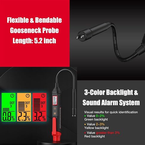 RQG Brake Fluid Tester, High Precision Brake Fluid Tester Pen with 5.2" Gooseneck Probe, 3 Color Backlight & Sound Alarm, Moisture 0-4% for DOT3, DOT4, DOT5.1 in Kuwait