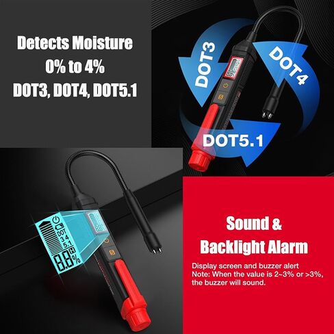 RQG Brake Fluid Tester, High Precision Brake Fluid Tester Pen with 5.2" Gooseneck Probe, 3 Color Backlight & Sound Alarm, Moisture 0-4% for DOT3, DOT4, DOT5.1 in Kuwait