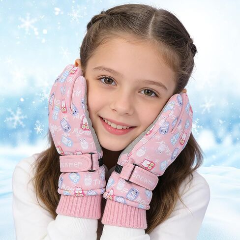 Kids Winter Snow Ski Gloves, Girls Pink Warm Glove Waterproof Outdoor Sports Snowboarding Sledding Gloves for 4-9Y in Saudi Arabia