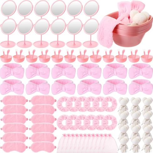 Honeydak 12 مجموعة SPA Party Favors for Girls Women Pink Sleepover Party Supplies Super Mask Mask Bowl مجموعة مرآة عقال Scrunchies على وجه القماش غسل القناع للعيون لمنتجع نوم زفاف in Kuwait