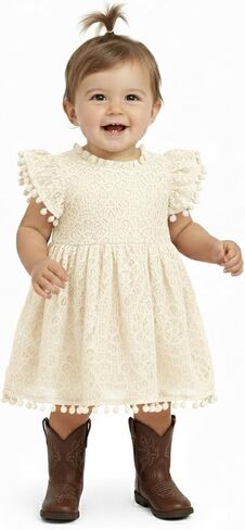2Bunnies Girl Baby Toddler Vintage Lace Pom Pom Flutter Sleeve Easter Birthday Outfit Dress in Saudi Arabia