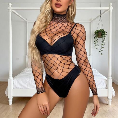 Sexy Lingerie for Women Naughty Mesh Fishnet Bodydoll Bodysuit Top One Piece Long Sleeve See Through Bodysuits Rave Outfits in Saudi Arabia
