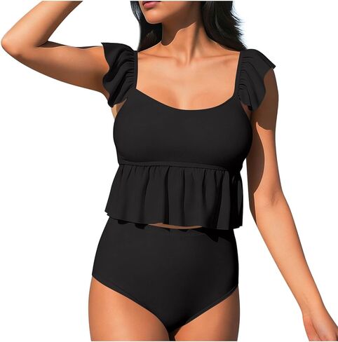 Two Piece Tankini Swimsuits for Women Square Neck Ruffle Bathing Suits Cute Swim Suits with High Waisted Bottoms in Saudi Arabia