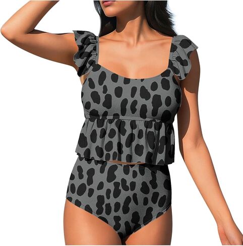 Two Piece Tankini Swimsuits for Women Square Neck Ruffle Bathing Suits Cute Swim Suits with High Waisted Bottoms in Saudi Arabia