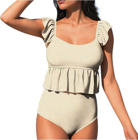 Two Piece Tankini Swimsuits for Women Square Neck Ruffle Bathing Suits Cute Swim Suits with High Waisted Bottoms in Saudi Arabia
