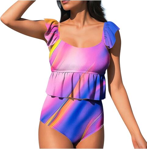 Two Piece Tankini Swimsuits for Women Square Neck Ruffle Bathing Suits Cute Swim Suits with High Waisted Bottoms in Saudi Arabia