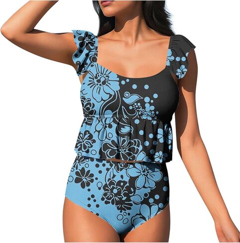 Two Piece Tankini Swimsuits for Women Square Neck Ruffle Bathing Suits Cute Swim Suits with High Waisted Bottoms in Saudi Arabia