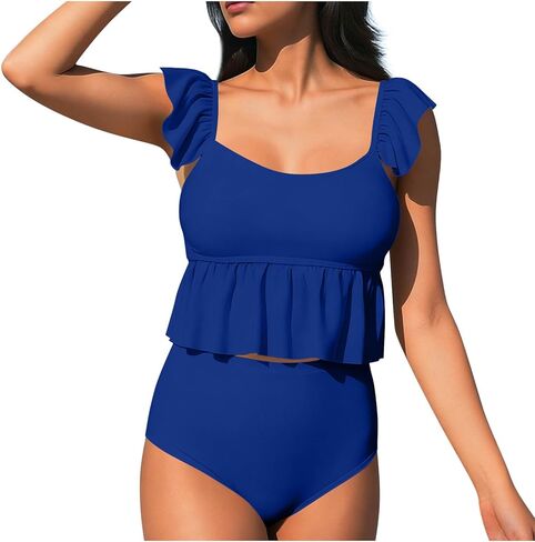 Two Piece Tankini Swimsuits for Women Square Neck Ruffle Bathing Suits Cute Swim Suits with High Waisted Bottoms in Saudi Arabia