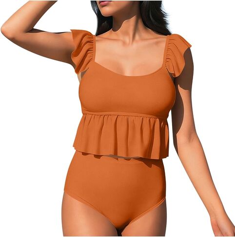 Two Piece Tankini Swimsuits for Women Square Neck Ruffle Bathing Suits Cute Swim Suits with High Waisted Bottoms in Saudi Arabia