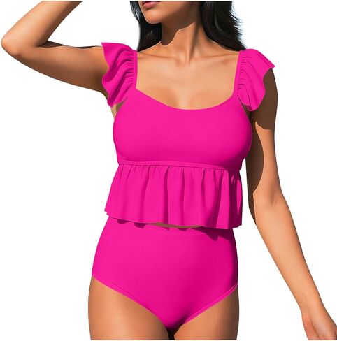 Two Piece Tankini Swimsuits for Women Square Neck Ruffle Bathing Suits Cute Swim Suits with High Waisted Bottoms in Saudi Arabia