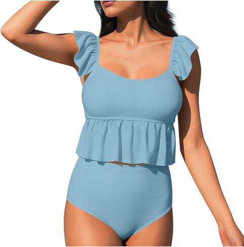 Two Piece Tankini Swimsuits for Women Square Neck Ruffle Bathing Suits Cute Swim Suits with High Waisted Bottoms in Saudi Arabia