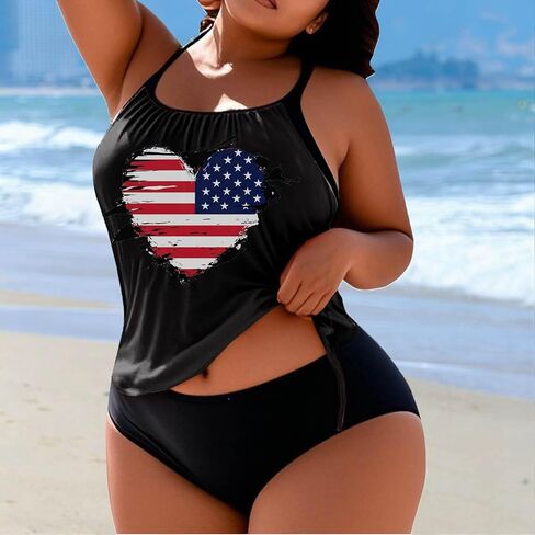 Women's Plus Size Tankini Swimsuit Two Piece Bathing Suit with Bottoms American Flag Print Tummy Control Swimwear in Saudi Arabia