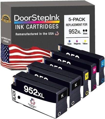 DoorStepInk 952XL 2 أسود، 1 سماوي، أرجواني، أصفر استبدال خرطوشة الحبر المعاد تصنيعها لـ HP 952XL - متوافقة مع OfficeJet 7740/8715 / 8216/8719 - 5 عبوات عالية الإنتاجية in Kuwait