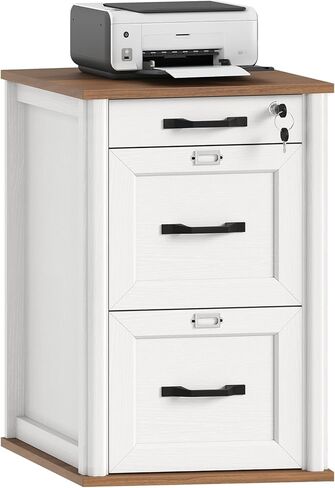 3 Drawer File Cabinet with Lock, Wooden Farmhouse Filing Cabinet with Storage Fits Letter and A4 Size, Vertical Printer Stand for Home Office, Walnut and White in Kuwait