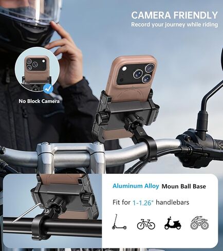 Kewig Motorcycle Phone Mount with Aluminum Alloy Mounting Base [Camera Friendly] [1s Lock & Release] Bike Handlebar Cellphone Holder for Scooter Bicycle ATV, Fit 5.4-7.2" Smartphone in Saudi Arabia