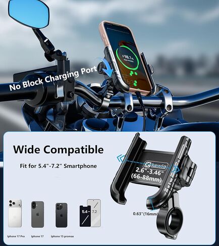 Kewig Motorcycle Phone Mount with Aluminum Alloy Mounting Base [Camera Friendly] [1s Lock & Release] Bike Handlebar Cellphone Holder for Scooter Bicycle ATV, Fit 5.4-7.2" Smartphone in Saudi Arabia