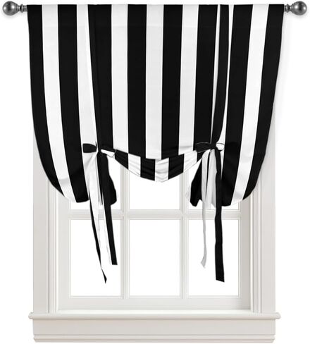 YOKOU Bow Look Tie Up Balloon Curtain, Black White Stripe Christmas Halloween Decoration Adjustable Rod Pocket Window Shades Drape for Living Room, Bedroom，Kitchen 1 pcs 42 x63 inch in Saudi Arabia