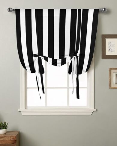 YOKOU Bow Look Tie Up Balloon Curtain, Black White Stripe Christmas Halloween Decoration Adjustable Rod Pocket Window Shades Drape for Living Room, Bedroom，Kitchen 1 pcs 42 x63 inch in Saudi Arabia