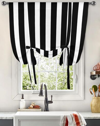 YOKOU Bow Look Tie Up Balloon Curtain, Black White Stripe Christmas Halloween Decoration Adjustable Rod Pocket Window Shades Drape for Living Room, Bedroom，Kitchen 1 pcs 42 x63 inch in Saudi Arabia