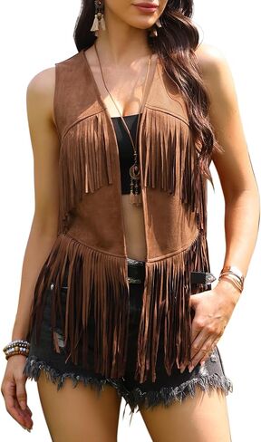 Allegra K Tassel Fringe Vest for Women 70s Outfits Faux Suede Sleeveless Jacket Western Cowgirl Party Costume Tops in Saudi Arabia