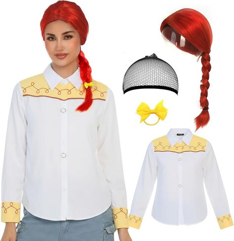 Women's Halloween Cowgirl Costume with Red Braid Wig Shirt and Yellow Bow Hair Tie for Cowgirl Themed Party Dress Up in Kuwait