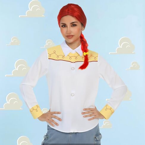 Women's Halloween Cowgirl Costume with Red Braid Wig Shirt and Yellow Bow Hair Tie for Cowgirl Themed Party Dress Up in Kuwait