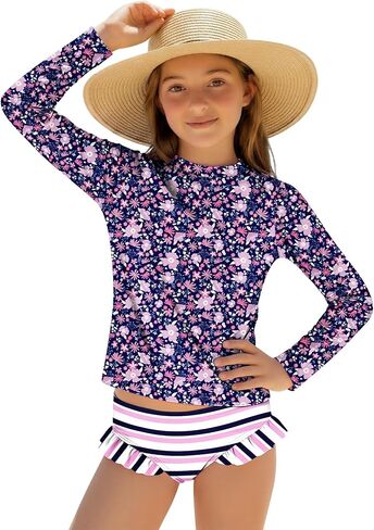 Girls' Swimsuit Ruffle 2 Piece Long Sleeve Bathing Suit for Kids Swimwear with Bottoms Color Stretchy Sets in Saudi Arabia