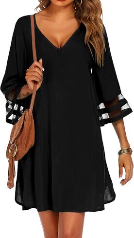 Ekouaer Women's Swimsuit Cover Up 3/4 Bell Sleeve Beachwear Coverups Deep V-Neck Bikini Beach Dress S-3XL in Saudi Arabia