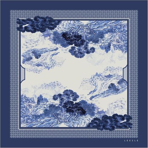 Korean Art Scarf, Seonsannugakdo Pattern, Blue and White Traditional Design, 100% Cotton, Vintage Style Neck Scarf in Saudi Arabia