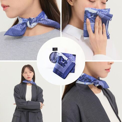 Korean Art Scarf, Seonsannugakdo Pattern, Blue and White Traditional Design, 100% Cotton, Vintage Style Neck Scarf in Saudi Arabia