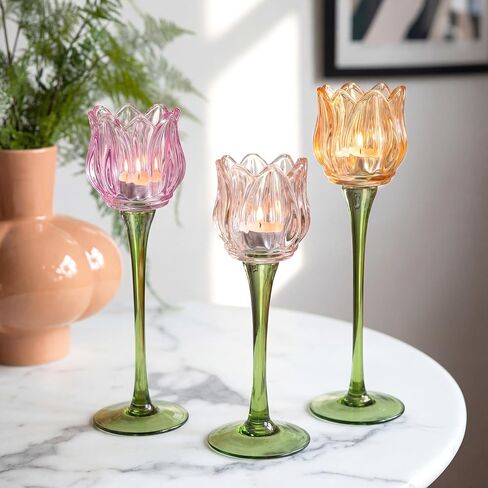 Honeydak 3 Pcs Tulip Flower Glass Candle Holders Romantic Flower Votive Candle Holders for Wedding Bridal Shower Tall Tealight Candles Holder for Centerpiece Table (Multiple) in Saudi Arabia
