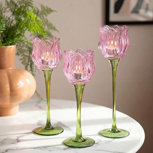 Honeydak 3 Pcs Tulip Flower Glass Candle Holders Romantic Flower Votive Candle Holders for Wedding Bridal Shower Tall Tealight Candles Holder for Centerpiece Table (Multiple) in Saudi Arabia