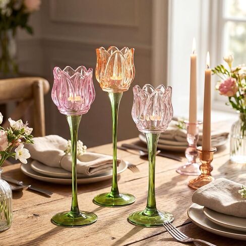Honeydak 3 Pcs Tulip Flower Glass Candle Holders Romantic Flower Votive Candle Holders for Wedding Bridal Shower Tall Tealight Candles Holder for Centerpiece Table (Multiple) in Saudi Arabia