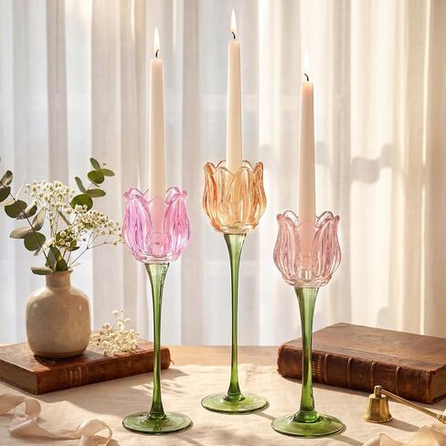 Honeydak 3 Pcs Tulip Flower Glass Candle Holders Romantic Flower Votive Candle Holders for Wedding Bridal Shower Tall Tealight Candles Holder for Centerpiece Table (Multiple) in Saudi Arabia