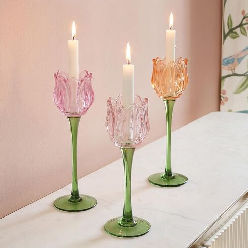 Honeydak 3 Pcs Tulip Flower Glass Candle Holders Romantic Flower Votive Candle Holders for Wedding Bridal Shower Tall Tealight Candles Holder for Centerpiece Table (Multiple) in Saudi Arabia