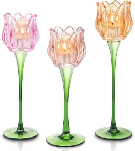 Honeydak 3 Pcs Tulip Flower Glass Candle Holders Romantic Flower Votive Candle Holders for Wedding Bridal Shower Tall Tealight Candles Holder for Centerpiece Table (Multiple) in Saudi Arabia