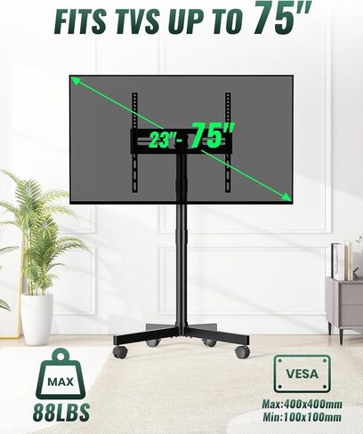 حامل تلفزيون متنقل على عجلات، حامل تلفزيون متنقل لشاشات تلفزيون مسطحة منحنية LED مقاس 23-75 بوصة، عربة تلفزيون محمولة قابلة للتعديل للإمالة والارتفاع تصل إلى 88 رطل، بحد أقصى 400 × 400 مم، أسود in Kuwait