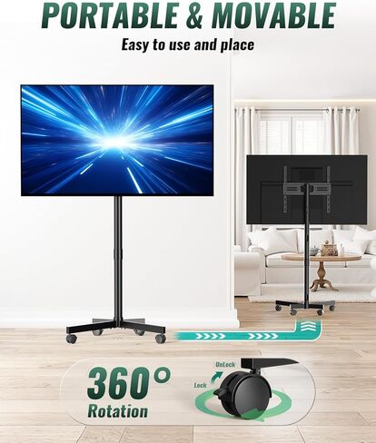 حامل تلفزيون متنقل على عجلات، حامل تلفزيون متنقل لشاشات تلفزيون مسطحة منحنية LED مقاس 23-75 بوصة، عربة تلفزيون محمولة قابلة للتعديل للإمالة والارتفاع تصل إلى 88 رطل، بحد أقصى 400 × 400 مم، أسود in Kuwait