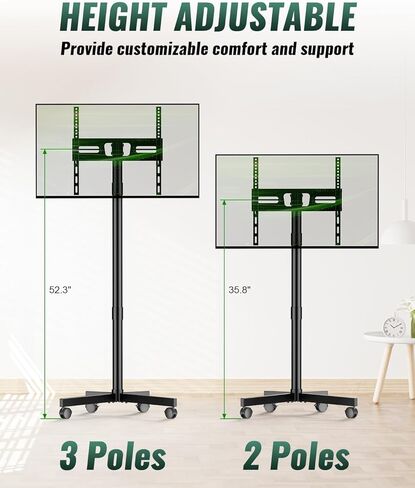 حامل تلفزيون متنقل على عجلات، حامل تلفزيون متنقل لشاشات تلفزيون مسطحة منحنية LED مقاس 23-75 بوصة، عربة تلفزيون محمولة قابلة للتعديل للإمالة والارتفاع تصل إلى 88 رطل، بحد أقصى 400 × 400 مم، أسود in Kuwait