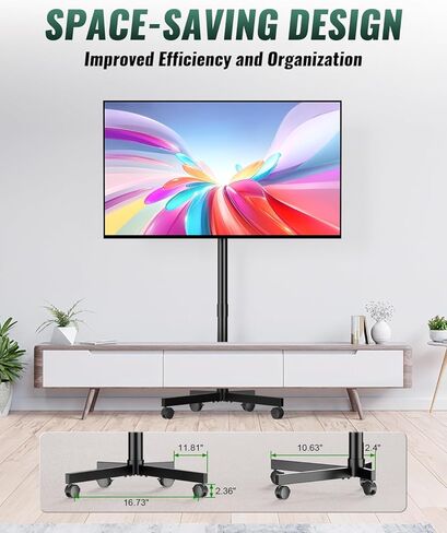 حامل تلفزيون متنقل على عجلات، حامل تلفزيون متنقل لشاشات تلفزيون مسطحة منحنية LED مقاس 23-75 بوصة، عربة تلفزيون محمولة قابلة للتعديل للإمالة والارتفاع تصل إلى 88 رطل، بحد أقصى 400 × 400 مم، أسود in Kuwait