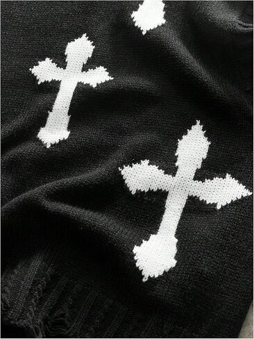 Men's Cross Print Sweater Vests Y2k Ripped Crew Neck Sleeveless Knit Tops in Saudi Arabia