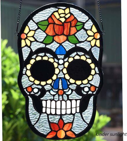 Bieye W10105 Sugar Skull Tiffany Style لوحة نافذة زجاجية ملونة لديكور المنزل، 8 بوصة عرض × 13 بوصة ارتفاع in Saudi Arabia