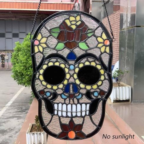 Bieye W10105 Sugar Skull Tiffany Style لوحة نافذة زجاجية ملونة لديكور المنزل، 8 بوصة عرض × 13 بوصة ارتفاع in Saudi Arabia
