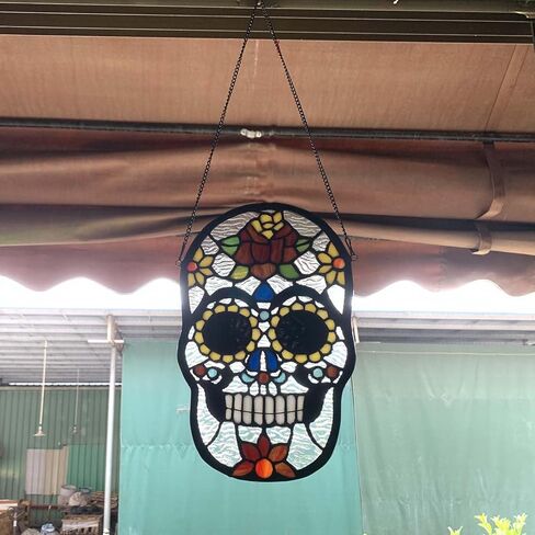Bieye W10105 Sugar Skull Tiffany Style لوحة نافذة زجاجية ملونة لديكور المنزل، 8 بوصة عرض × 13 بوصة ارتفاع in Saudi Arabia