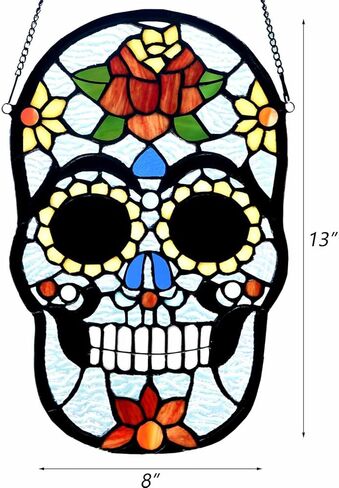 Bieye W10105 Sugar Skull Tiffany Style لوحة نافذة زجاجية ملونة لديكور المنزل، 8 بوصة عرض × 13 بوصة ارتفاع in Saudi Arabia