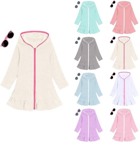 Girls Swim Cover Up with Sunglasses Kids Long Sleeve Zip Up Hooded Swimsuit Toddler Summer Beach Bathing Suit Pool Clothes in Saudi Arabia