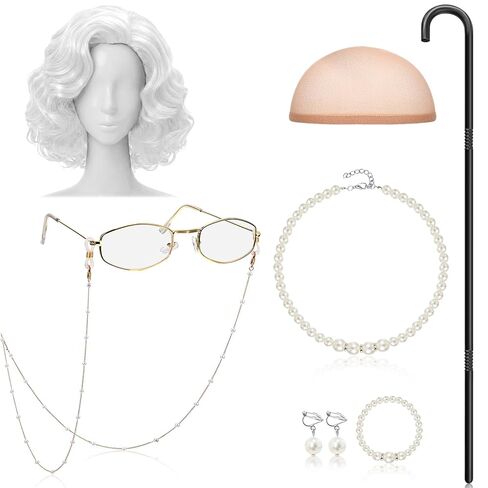 Gejoy 8 Pcs Old Lady Costume for Women, Grandma Wig Costume Accessories for 100 Days Cosplay(Matte White Wig) in Saudi Arabia