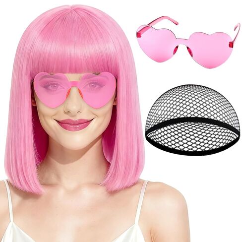 PLULON Green Bob Wig with Bangs, Short Straight Bob Wig with Heart Sunglasses 12 Inch Shoulder Length Heat Resistant Synthetic Hair Cap for Women Natural Look Daily Use Cosplay Halloween Costume Party in Saudi Arabia
