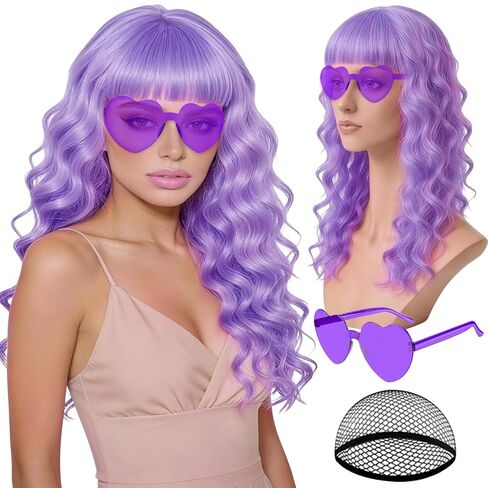 Hot Pink Wave Wig for Women with Heart Sunglasses, Neon Long Curly Wavy Wigs with Hair Cap Colorful Big Wavy Curls Funny Hair for Cosplay Birthday Bachelor Party Halloween Christmas Costume in Saudi Arabia